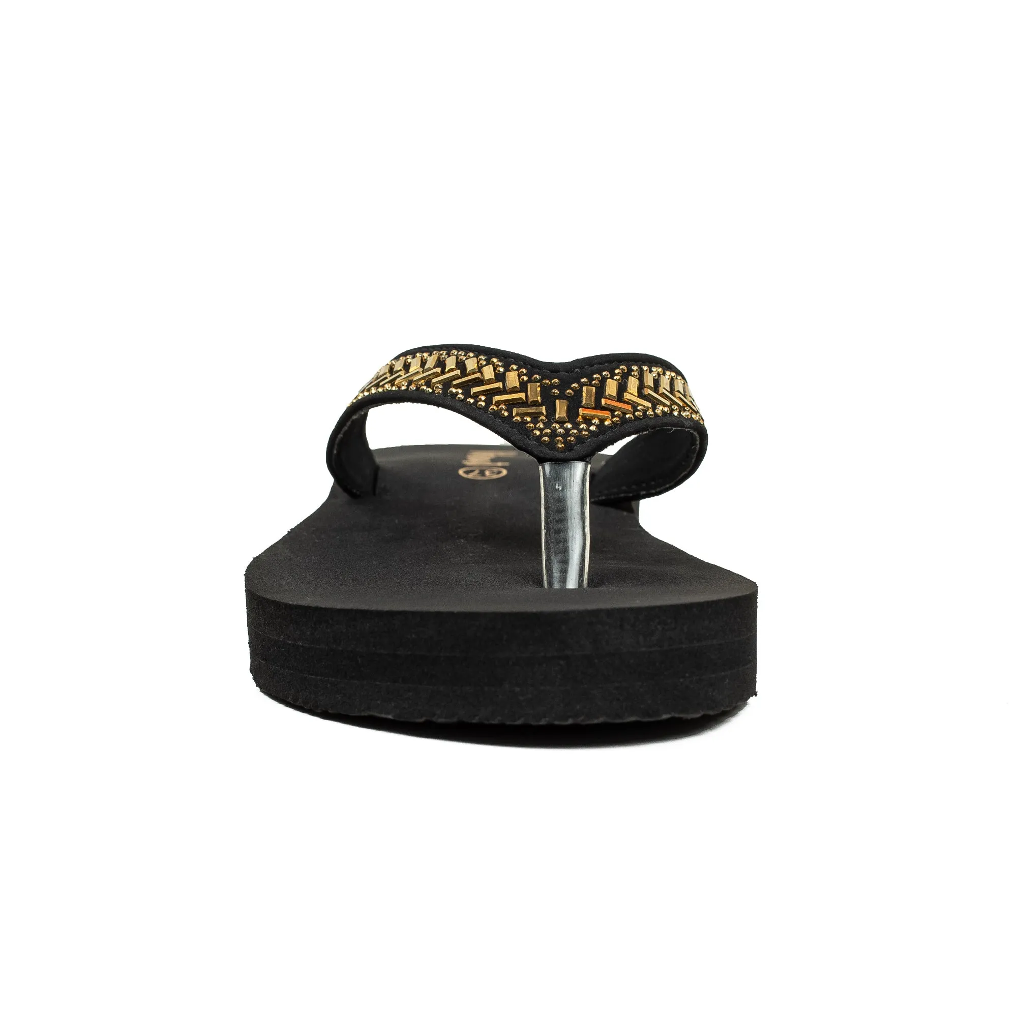 Waterproof Flip Flops Ladies' Fashionable Golden Stoned Strap Beach Flip-Flop with Comfortable Sole