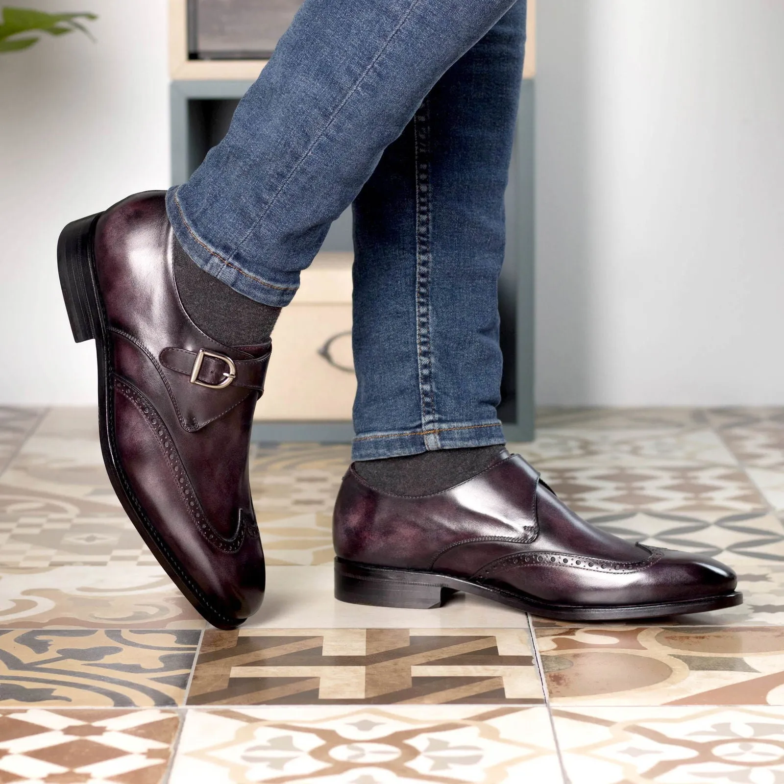 Toe Caps For Work Boots Men's Single Monk Shoes Patina Leather Goodyear Welt Wide Plus Size Violet 5425