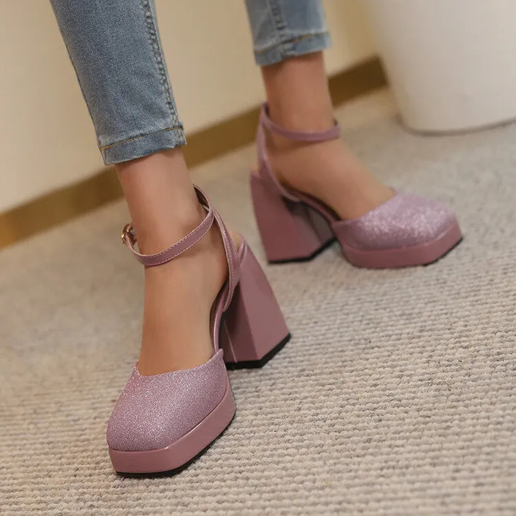 Women's Sequins Square Toe Ankle Strap Chunky Heel Platform Sandals Carters Sandals