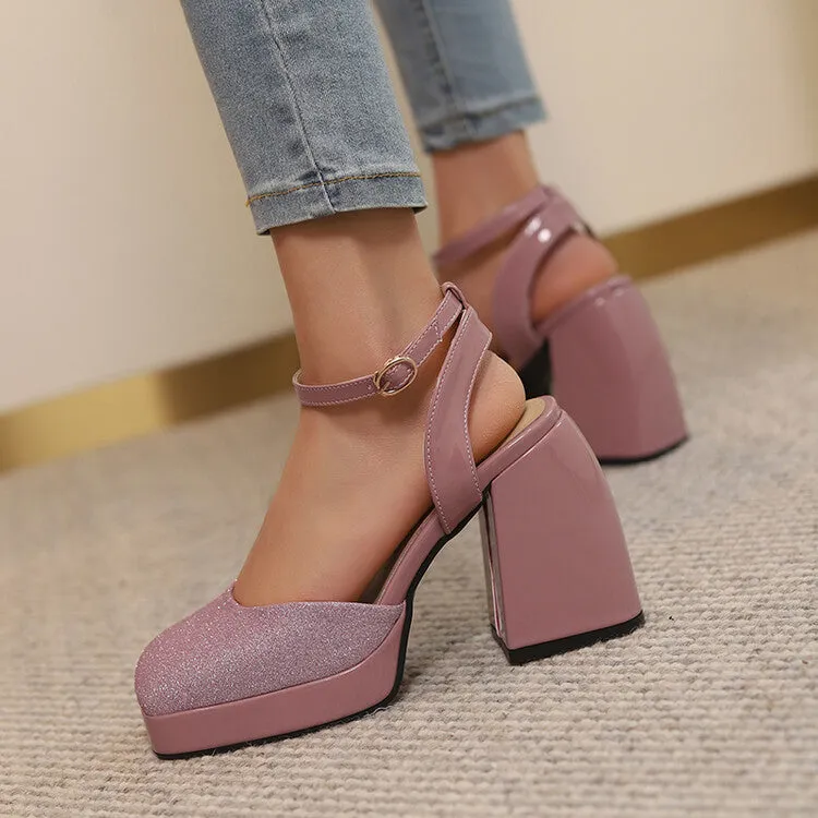 Women's Sequins Square Toe Ankle Strap Chunky Heel Platform Sandals T-strap Sandals