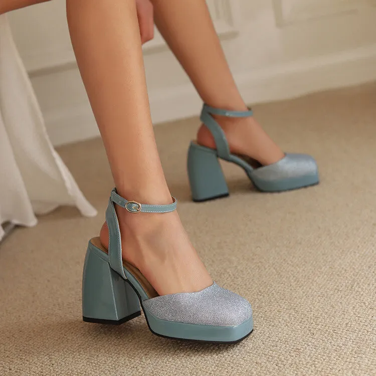 Leather Walking Sandals Women's Sequins Square Toe Ankle Strap Chunky Heel Platform Sandals