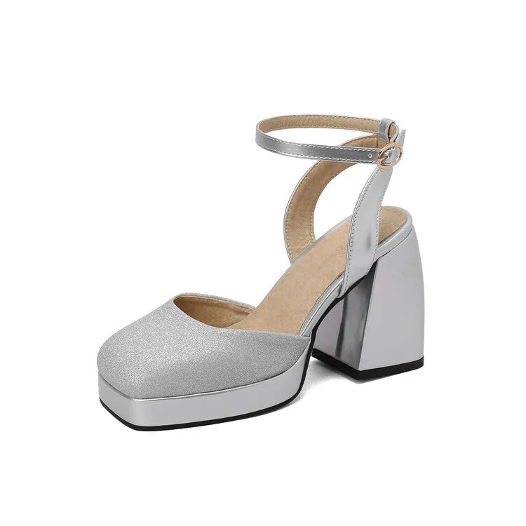 Women's Sequins Square Toe Ankle Strap Chunky Heel Platform Sandals Wedge Mule Sandals