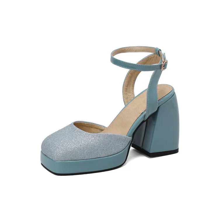 Women's Sequins Square Toe Ankle Strap Chunky Heel Platform Sandals Leopard Print Sandals