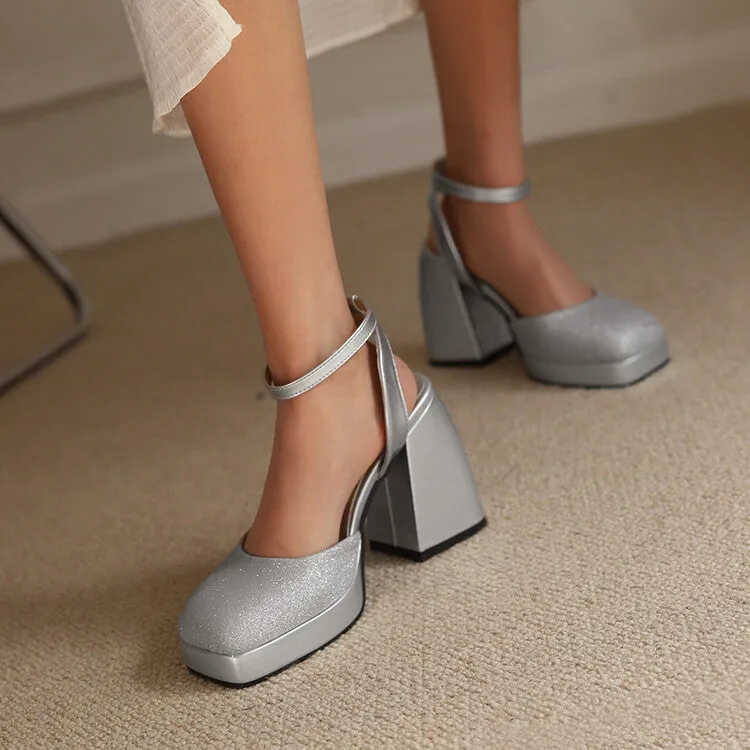 Keen Water Sandals Women's Sequins Square Toe Ankle Strap Chunky Heel Platform Sandals