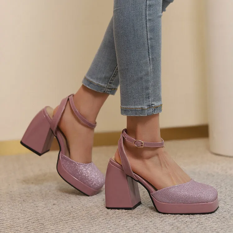 Women's Sequins Square Toe Ankle Strap Chunky Heel Platform Sandals Ankle Strap Platform Sandals