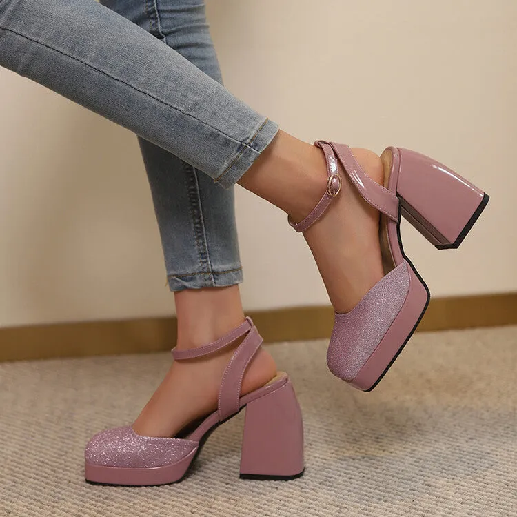 Best Trekking Sandals Women's Sequins Square Toe Ankle Strap Chunky Heel Platform Sandals