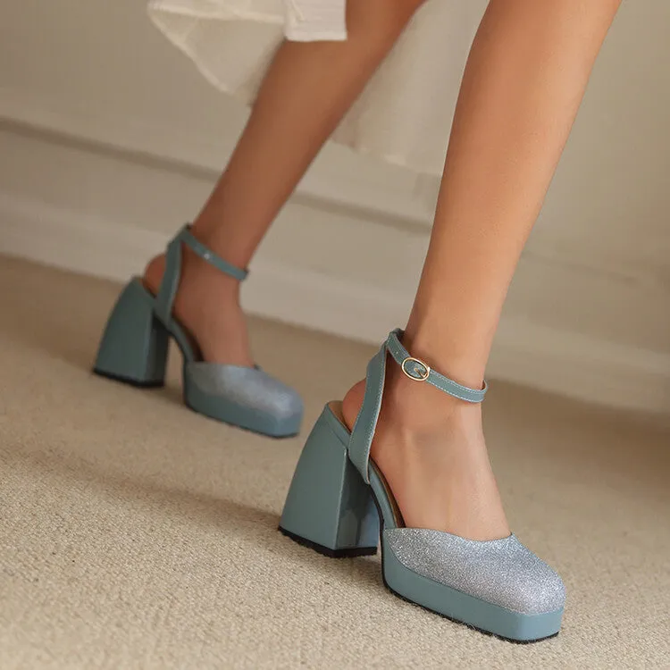 Sandals Velcro Women's Sequins Square Toe Ankle Strap Chunky Heel Platform Sandals
