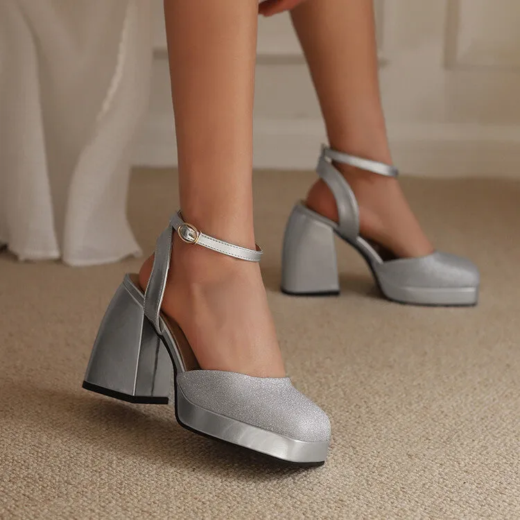 Sandals Cork Women's Sequins Square Toe Ankle Strap Chunky Heel Platform Sandals