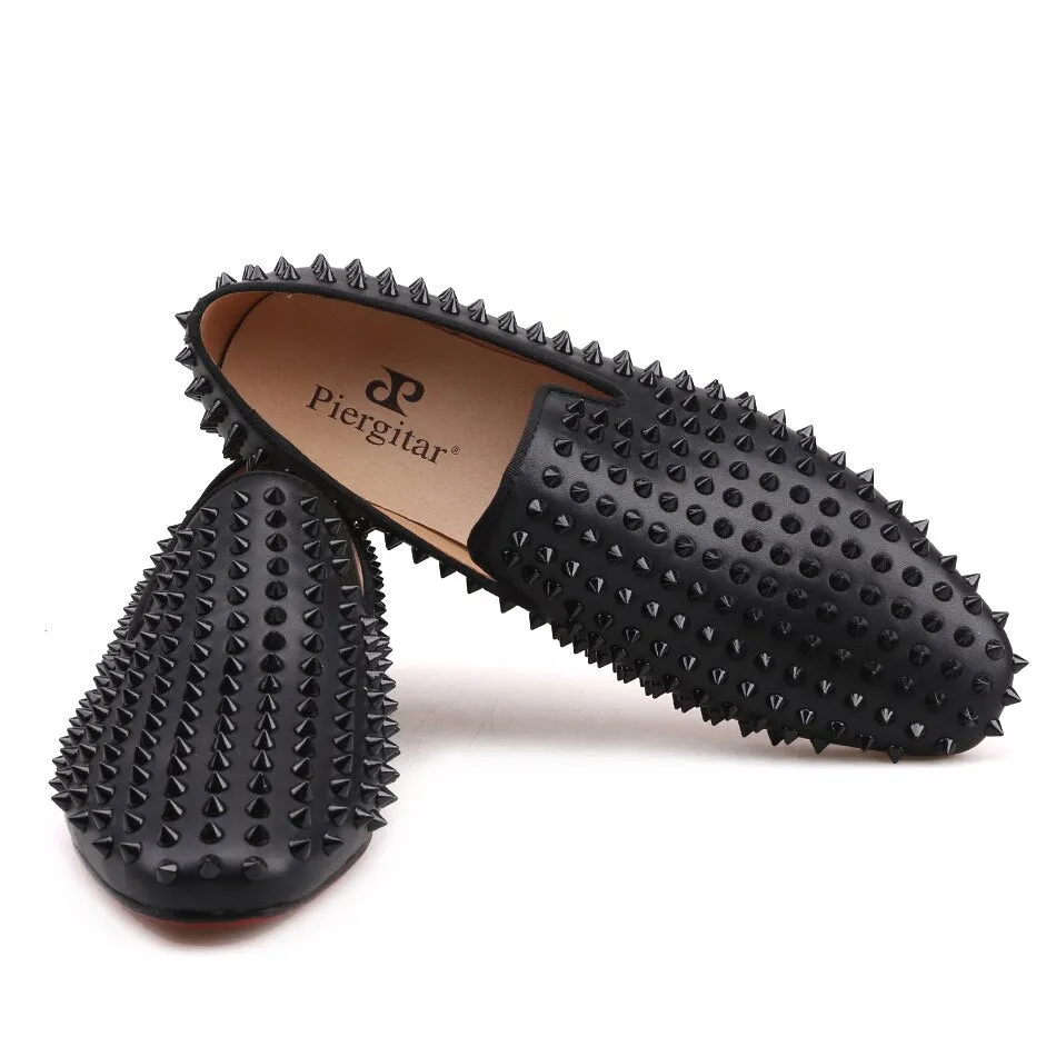 Women Loafers Dandelion Spikes Handmade Men Shoes Black Color Genuine Leather Moccasin