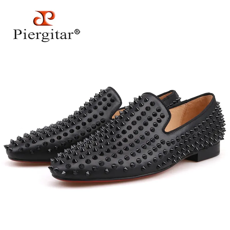 Dandelion Spikes Handmade Men Shoes Black Color Genuine Leather Moccasin Loafers Glory Tubing