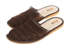 Slides Athletic Men's Dark Brown Leather  Slippers | WU-270
