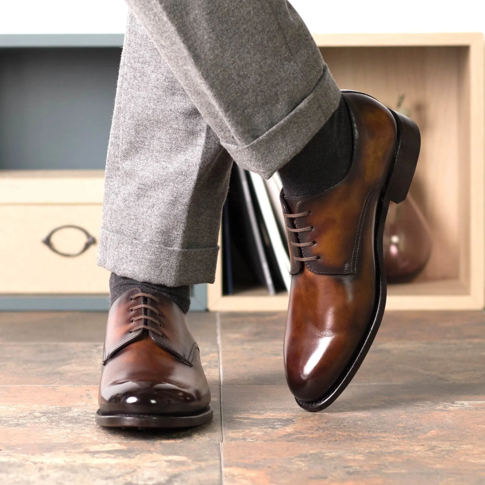 Good Pair Of Work Boots Men's Derby Shoes Patina Leather Goodyear Welt Wide Plus Size Burgundy 5547