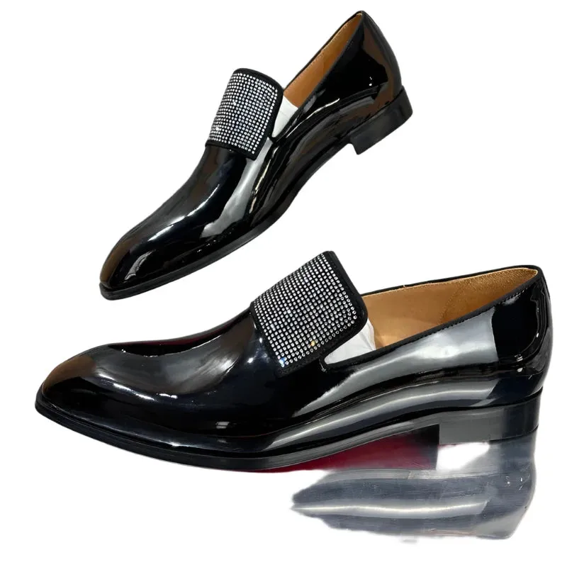 Men's Luxury Black Patent Leather Loafers - Handmade Rhinestone Slip-On Dress Shoes for Weddings & Formal Events Janie Loafers
