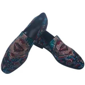 Loafers Prom Men's Luxury Suede Leather Rhinestone Loafers - Handmade Slip-On Dress Shoes for Party & Wedding