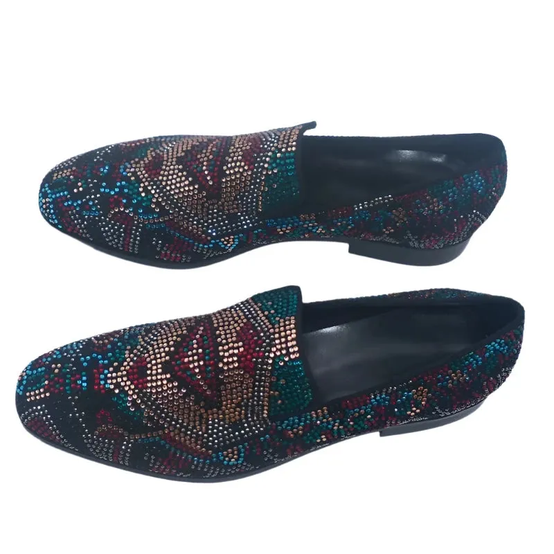 London Loafers Men's Luxury Suede Leather Rhinestone Loafers - Handmade Slip-On Dress Shoes for Party & Wedding