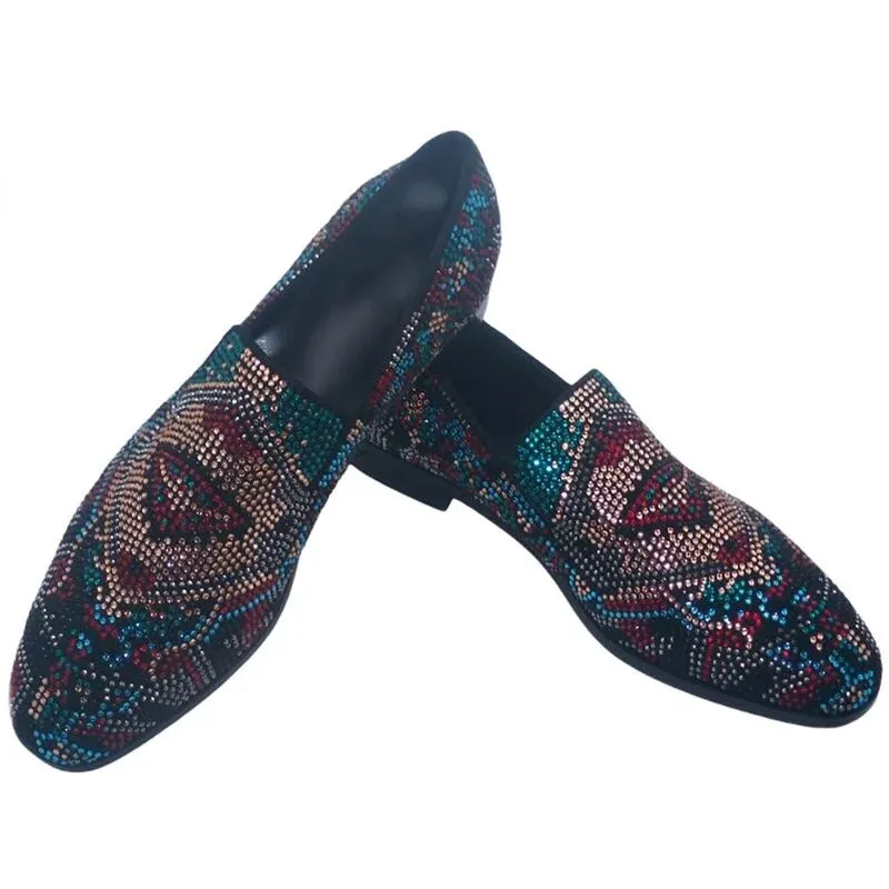 Napoli Loafers Men's Luxury Suede Leather Rhinestone Loafers - Handmade Slip-On Dress Shoes for Party & Wedding