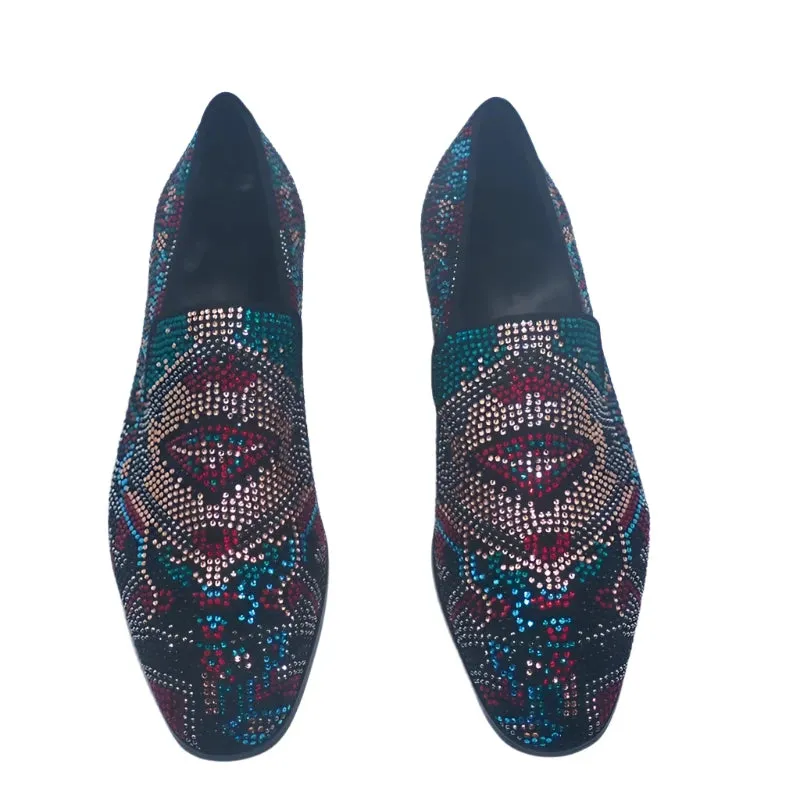 Tartan Loafers Men's Luxury Suede Leather Rhinestone Loafers - Handmade Slip-On Dress Shoes for Party & Wedding
