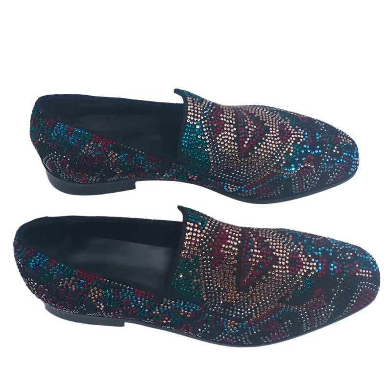Designer Lug Sole Loafers Men's Luxury Suede Leather Rhinestone Loafers - Handmade Slip-On Dress Shoes for Party & Wedding