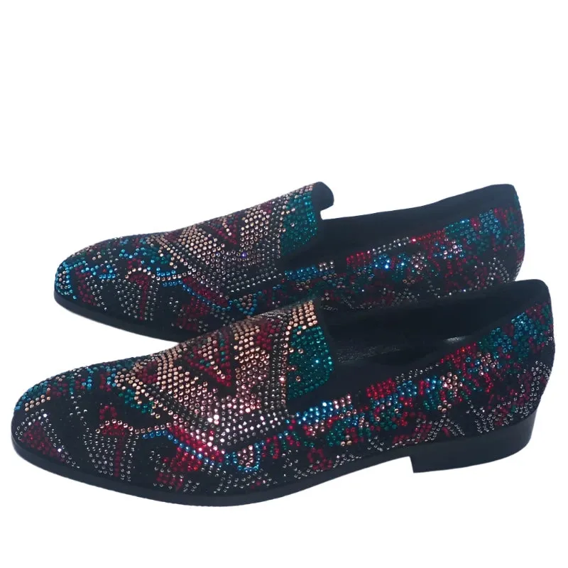 Men's Luxury Suede Leather Rhinestone Loafers - Handmade Slip-On Dress Shoes for Party & Wedding Factory Loafers