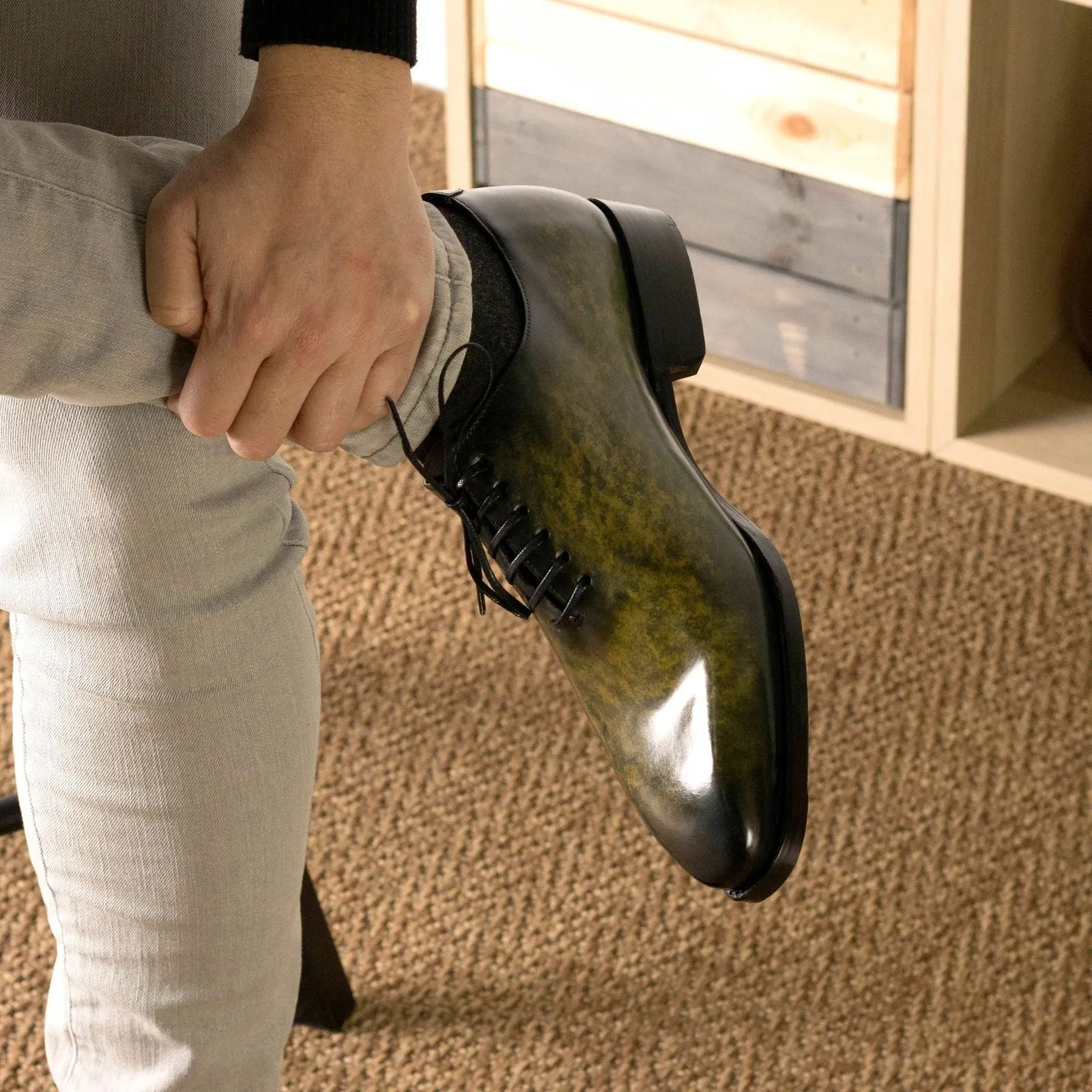 Men's Wholecut Shoes Patina Leather Goodyear Welt Wide Plus Size Green 5679 Best Work Boots For Tow Truck Drivers