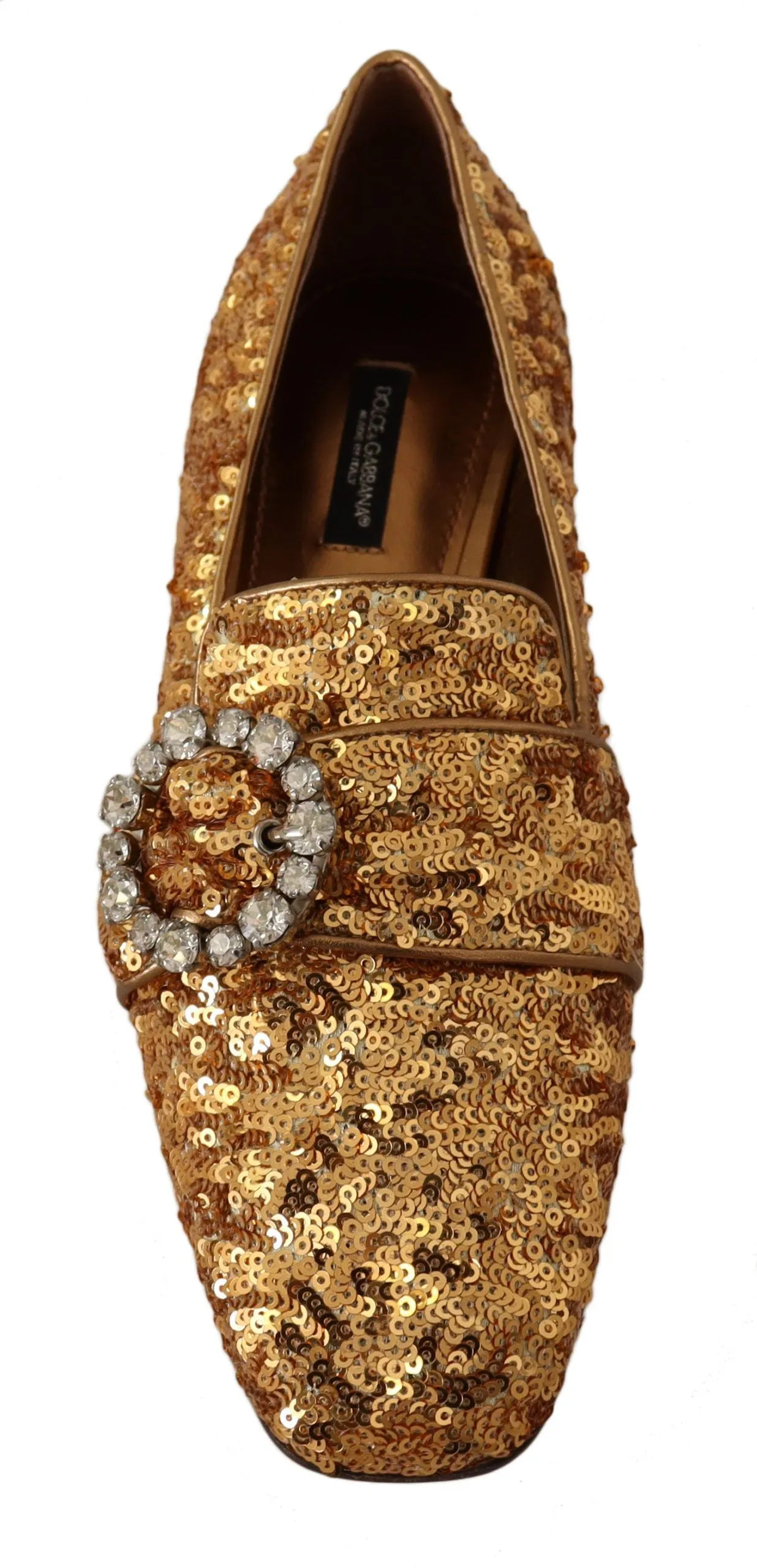 Dolce & Gabbana Gold Sequin Crystal Flat Women Loafers Shoes Designer Dress Loafers