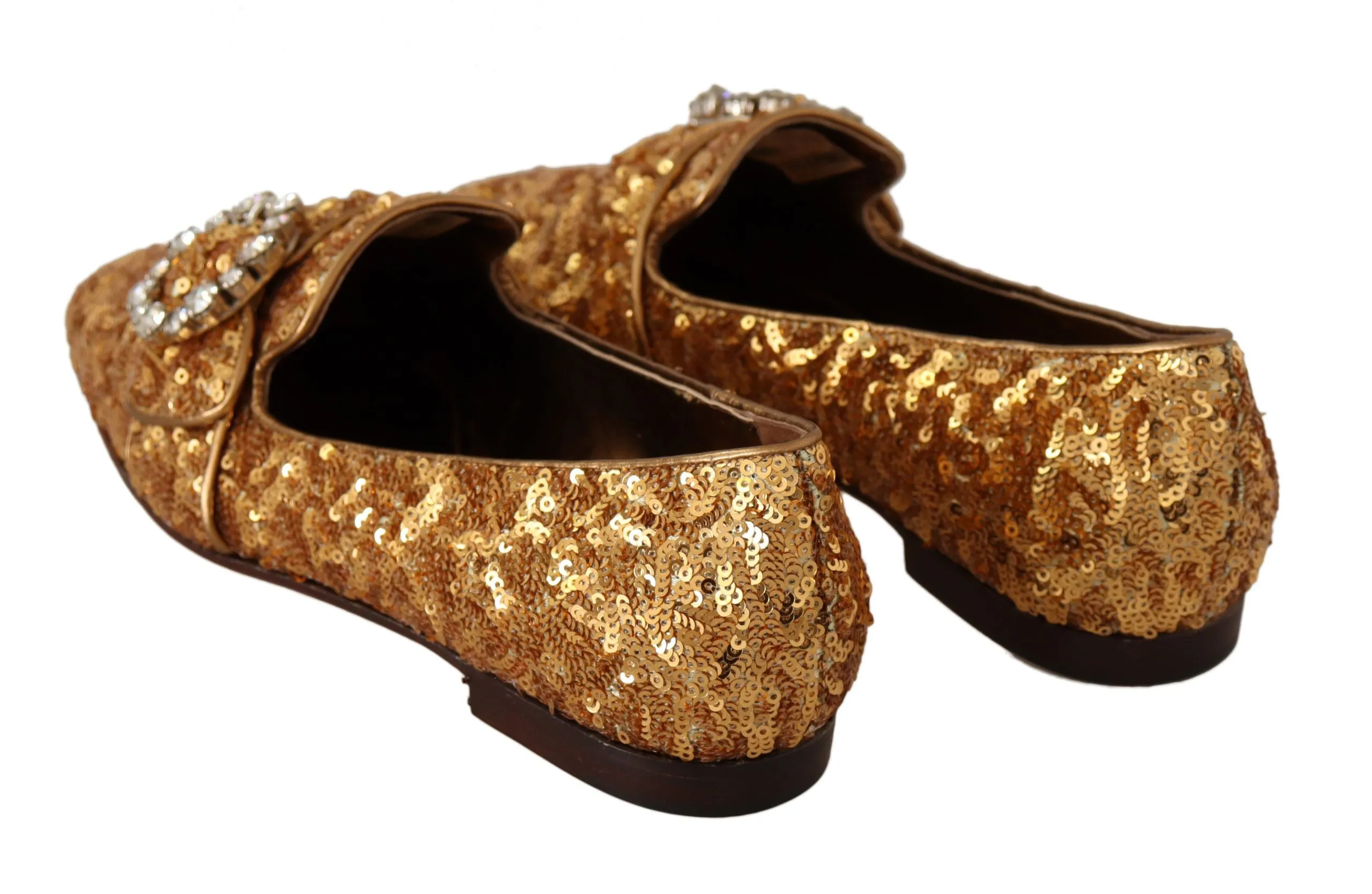 Dolce & Gabbana Gold Sequin Crystal Flat Women Loafers Shoes Vibram Sole Loafers