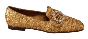 Dolce & Gabbana Gold Sequin Crystal Flat Women Loafers Shoes Embellished Loafers