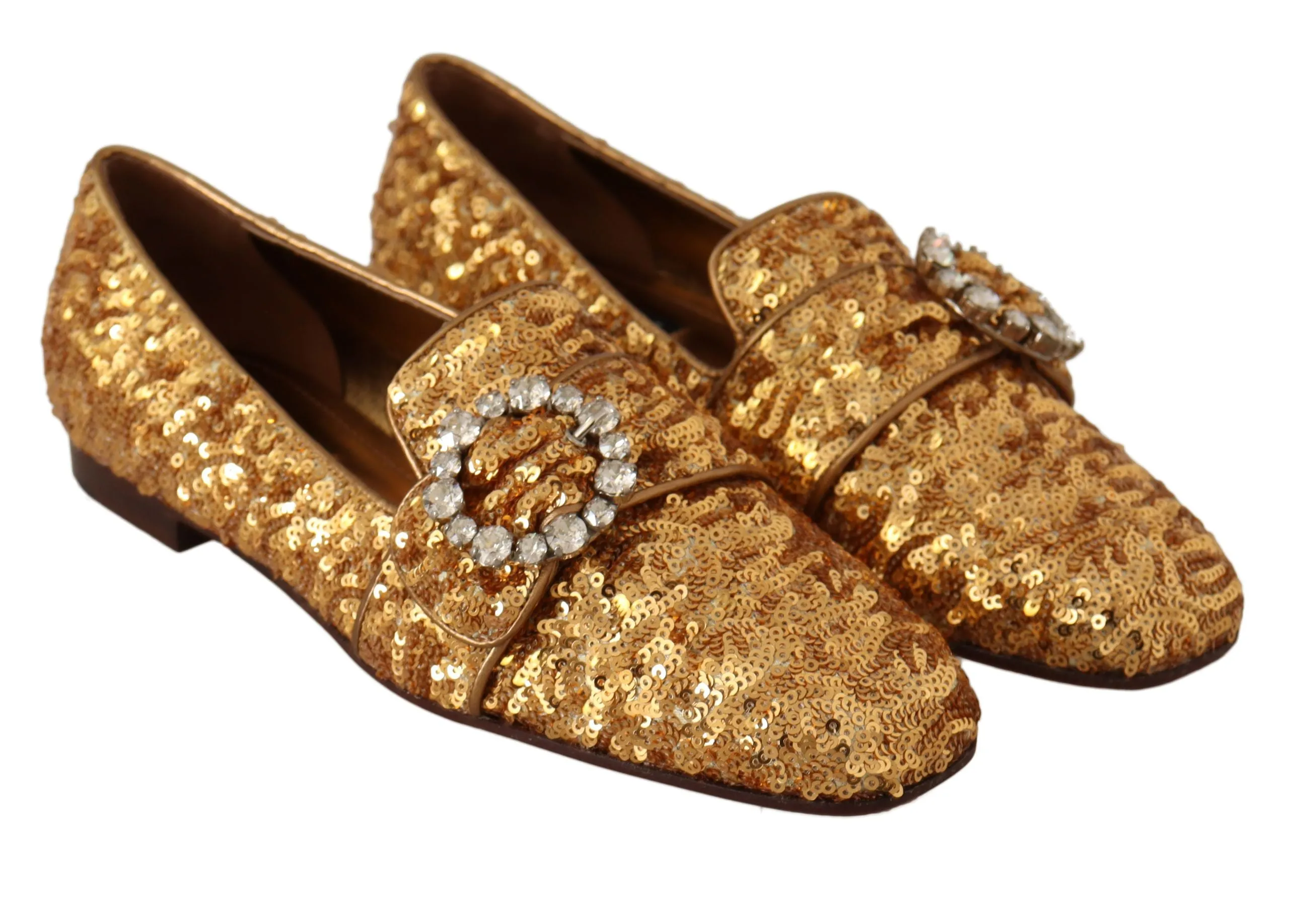 Dolce & Gabbana Gold Sequin Crystal Flat Women Loafers Shoes Valentino Rockstud Loafers
