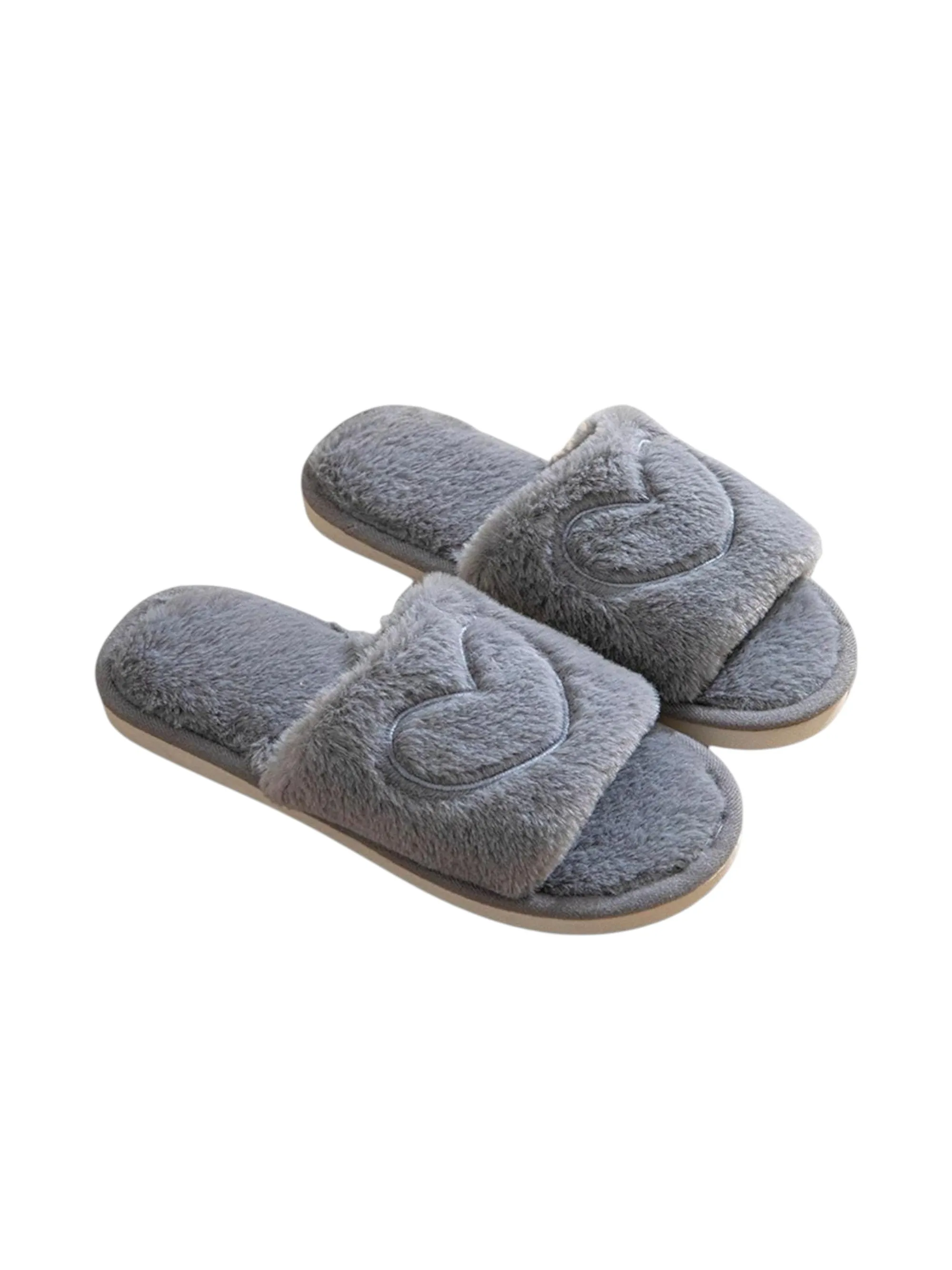 Closed Back Slippers Women's Heart Embroidered Faux Fur Slippers,Grey