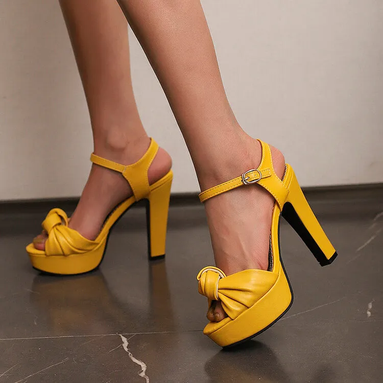 Women's Pleated Knot Chunky Heel Platform Sandals Raffia Flat Sandals