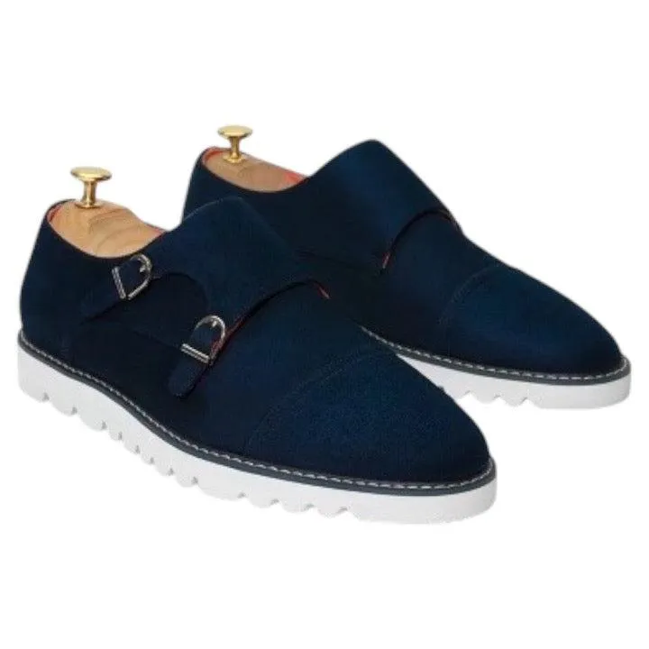 Navy Blue Men's Casual Dress Shoes Suede Double Monk Strap Oxford Sneaker Style-The Freshman Tim Duncan Sneakers