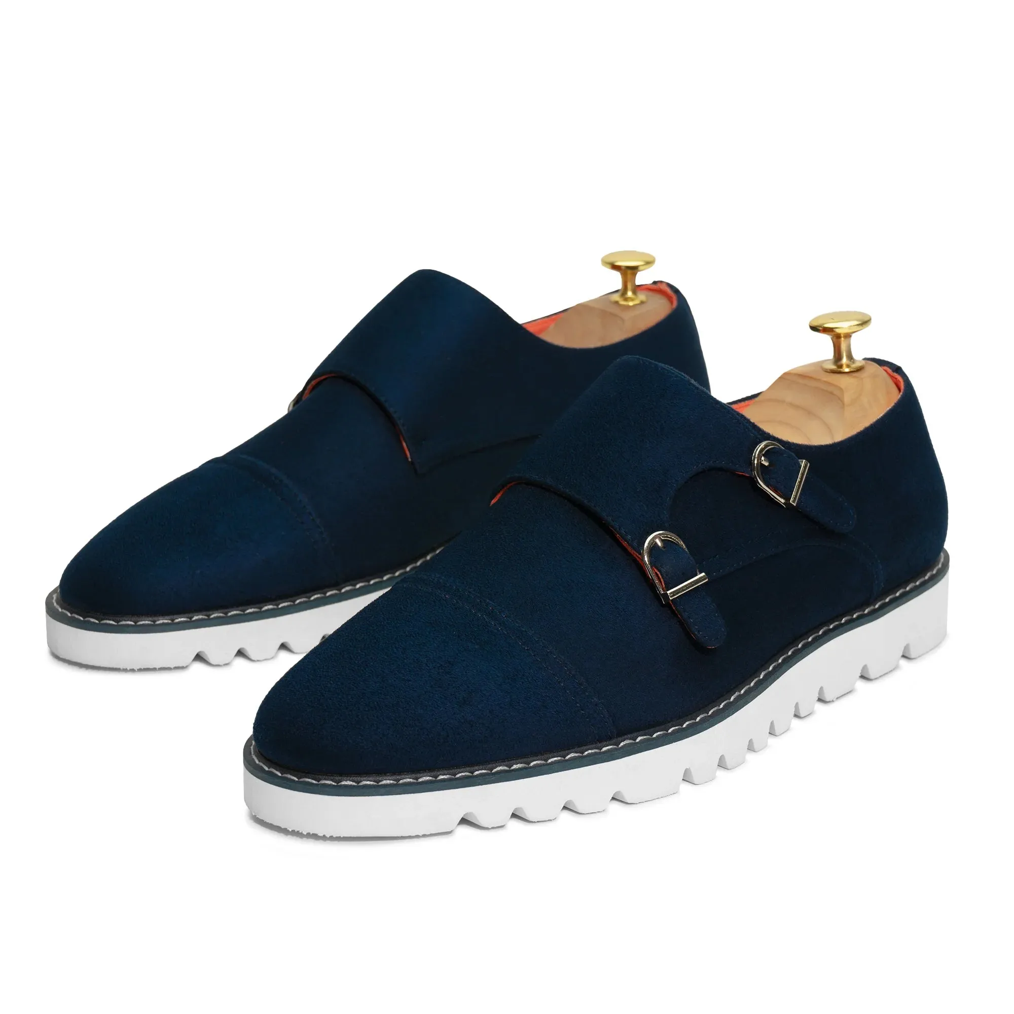 Wearing Sneakers With A Dress Navy Blue Men's Casual Dress Shoes Suede Double Monk Strap Oxford Sneaker Style-The Freshman