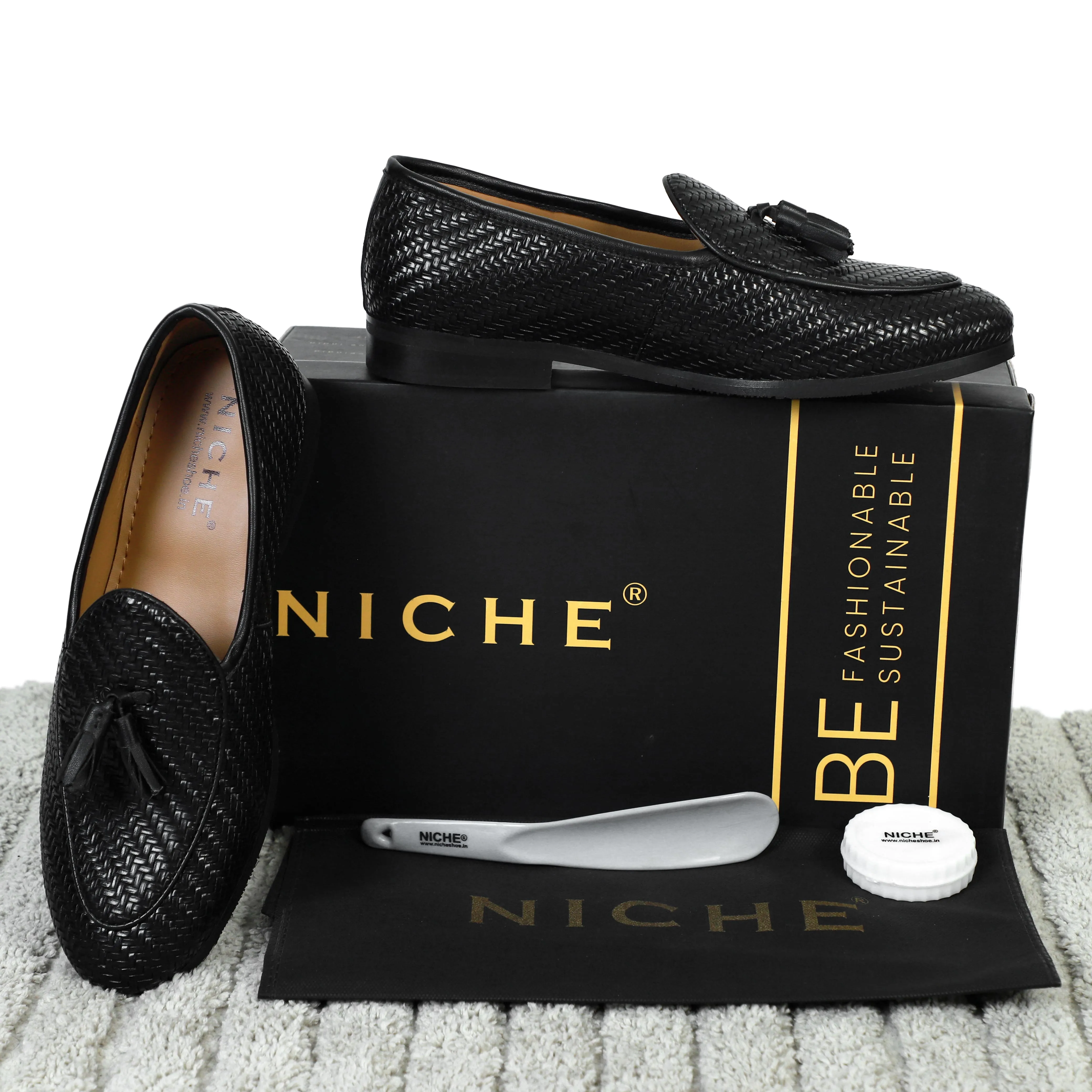 Slip On Steel Toe Shoe NICHE Black Braided Tassel Loafers