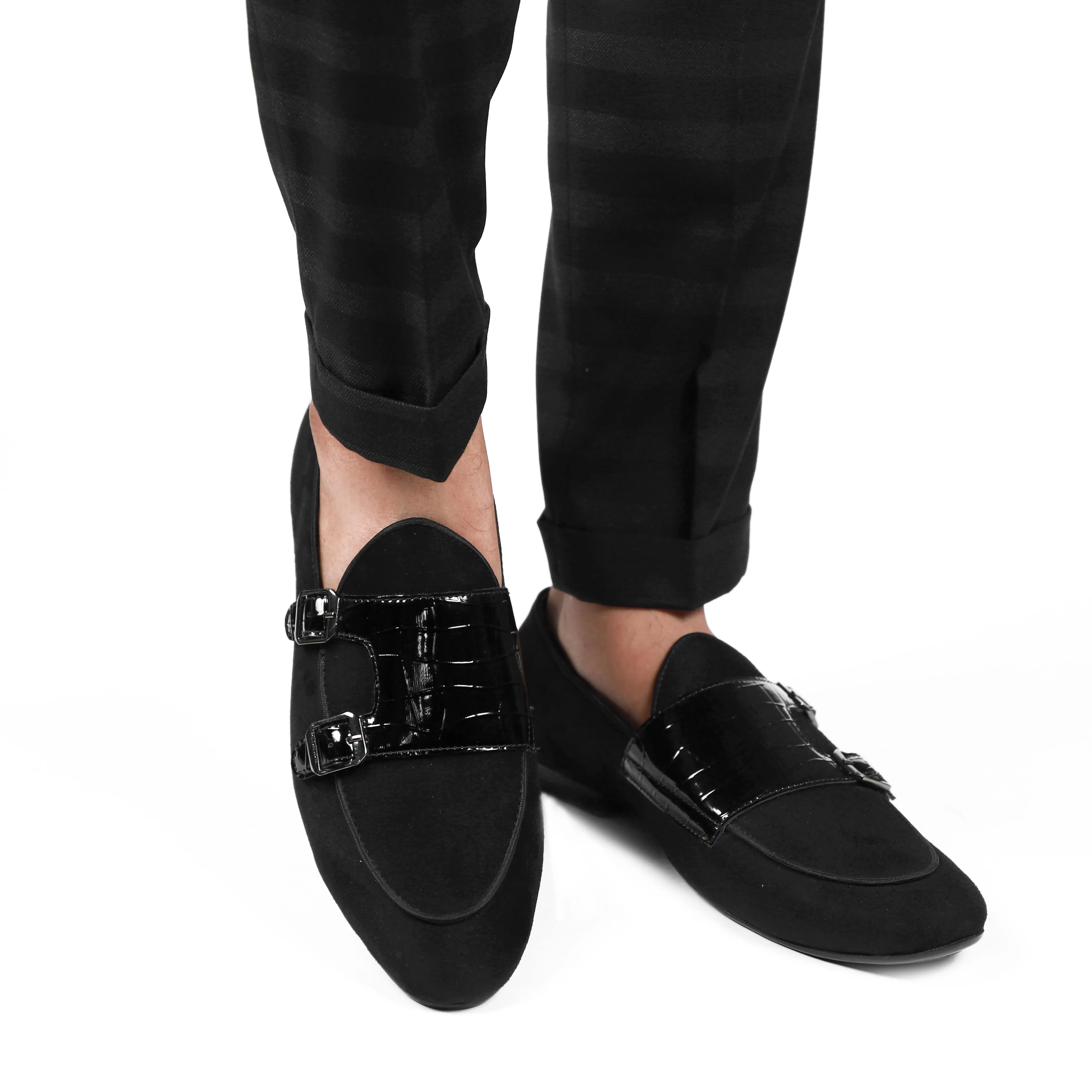 NICHE Black Croc Suede Belgian Loafer Block Heeled Loafers