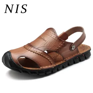 NIS Genuine Leather Fishermen Sandals Men Summer Shoes Two Ways Wear Anti-collision Slip-on Slides Flat Sandals Beach Men Shoes Best Support Sandals