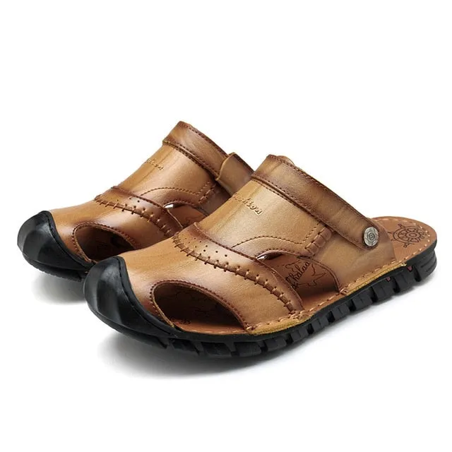 NIS Genuine Leather Fishermen Sandals Men Summer Shoes Two Ways Wear Anti-collision Slip-on Slides Flat Sandals Beach Men Shoes Five Below Sandals