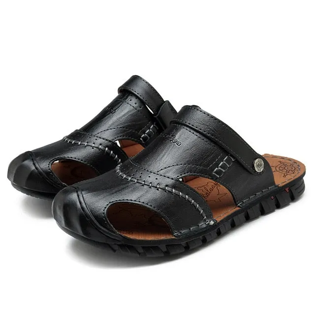 NIS Genuine Leather Fishermen Sandals Men Summer Shoes Two Ways Wear Anti-collision Slip-on Slides Flat Sandals Beach Men Shoes Sandals Nails