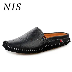 NIS New Hollow Out PU Leather Slippers Men Shoes Hand Sewing Soft Soles Casual Shoes Summer Beach Slippers Mens Slides Zapatos Slippers For Walking