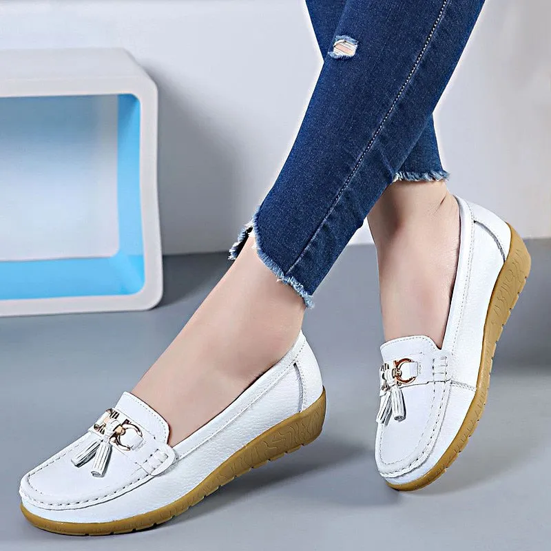 Women Loafers Genuine Leather Flats Slip On Moccasins Shoes Light Brown Loafers