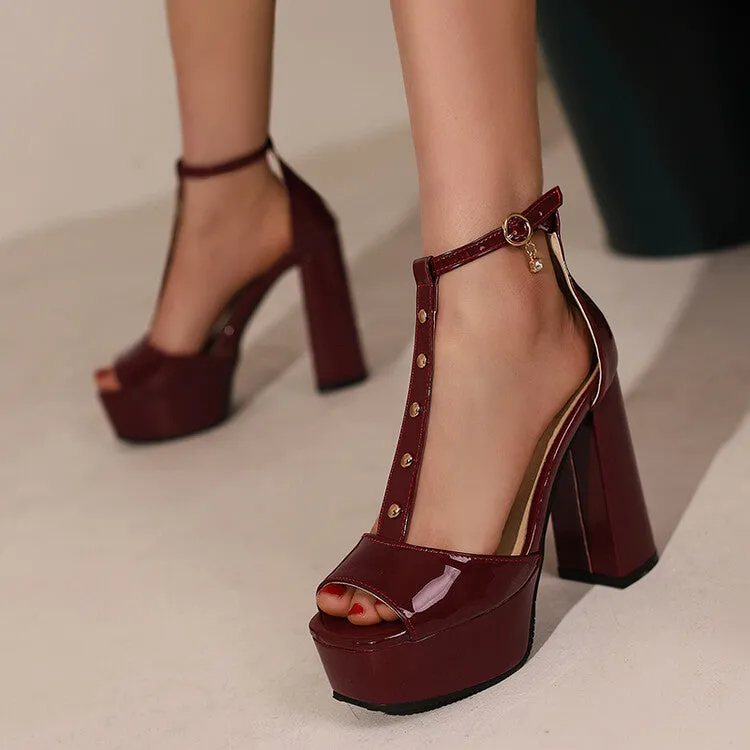 Japanese Sandals Wood Women's Open Toe T Strap Rivets Cutout Chunky Heel Platform Sandals