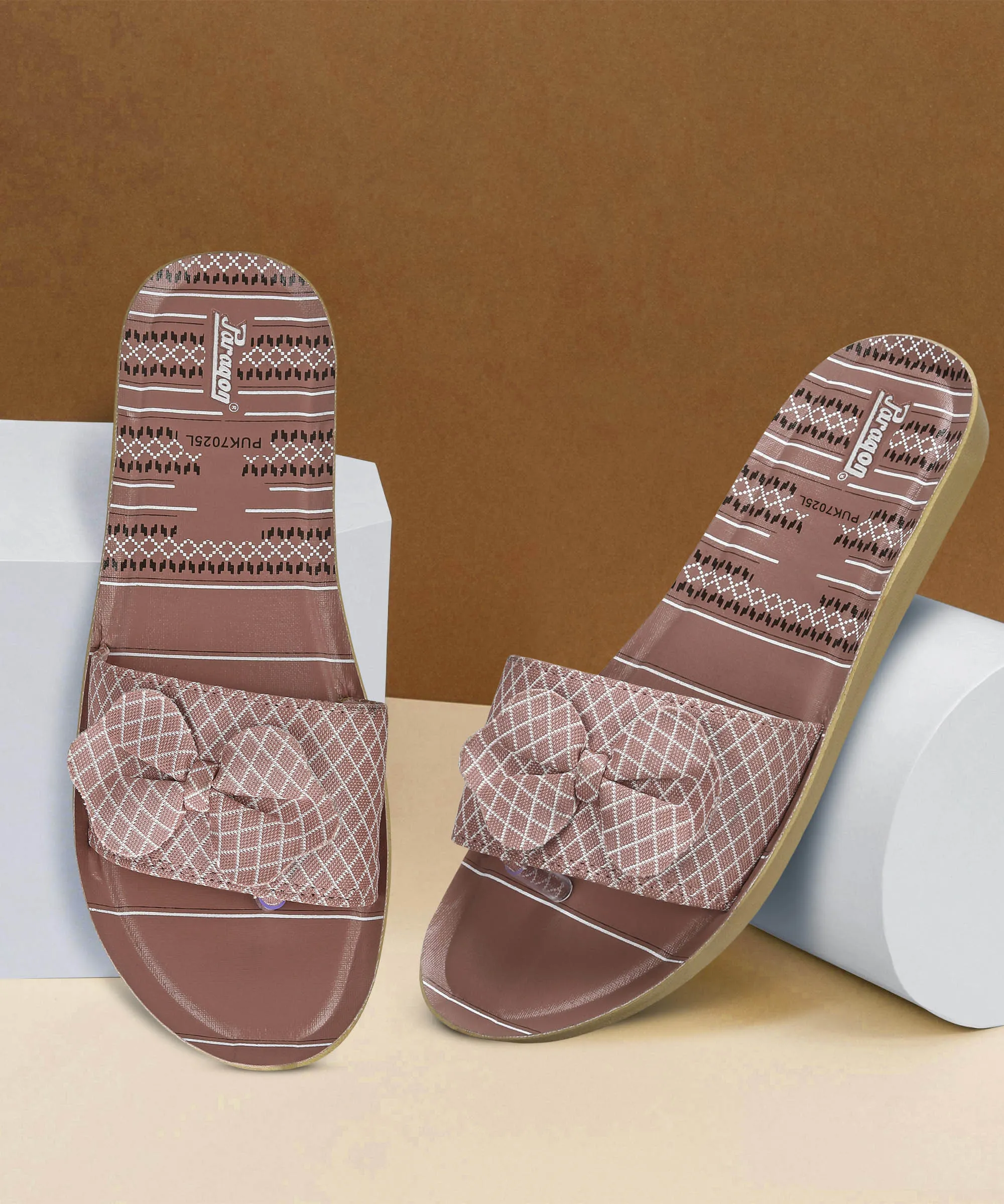 Paragon PUK7025L Womens Pink-Grey Sliders with Cushioned Sole for Everyday Use Flip Flops With Bow On Top