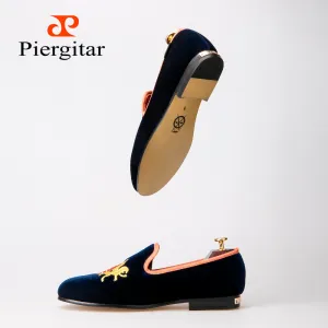 Refinement Embroidery Navy Upper Gold Outsole Velvet Shoes Loafers Toe Split