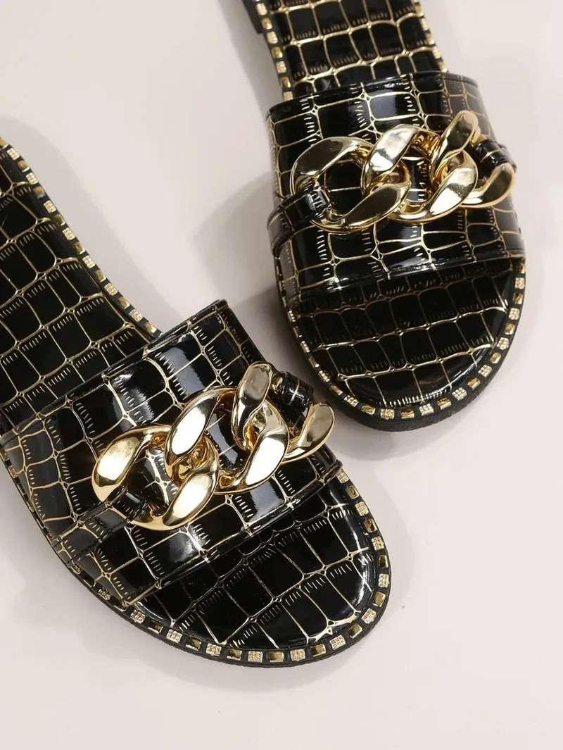 Fashion Sexy Chain Lock Roman Style Flat Outdoor  Sandals Nylon Slippers