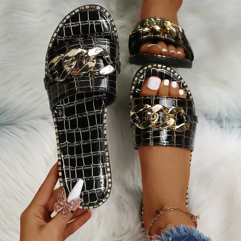 Ruby Slippers Menu Fashion Sexy Chain Lock Roman Style Flat Outdoor  Sandals