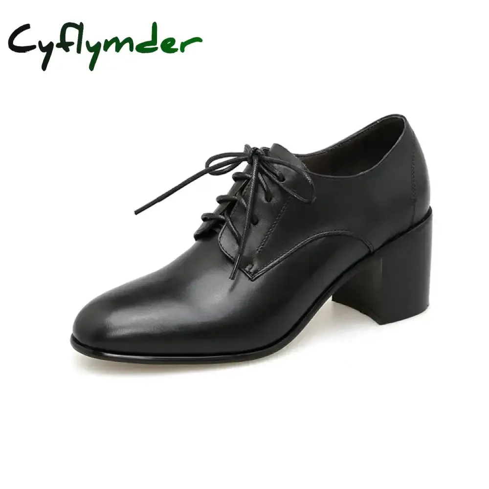 Cyflymder New Spring Genuine Leather Women Shoes Round Toe Women Pumps Shoes for Women High Heel Chunky Heel Shoes Zapatos Mujer Loafers 90's Loafers