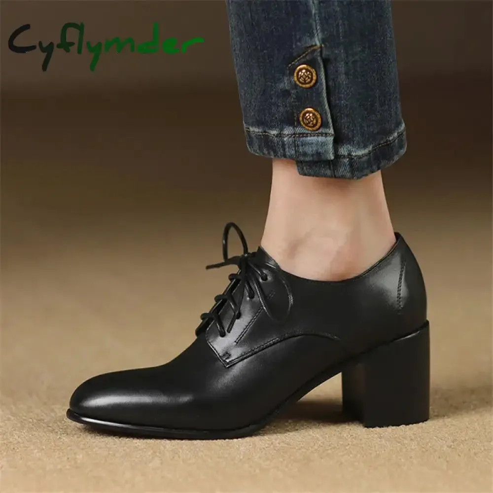 Cyflymder New Spring Genuine Leather Women Shoes Round Toe Women Pumps Shoes for Women High Heel Chunky Heel Shoes Zapatos Mujer Loafers Dune London Loafers