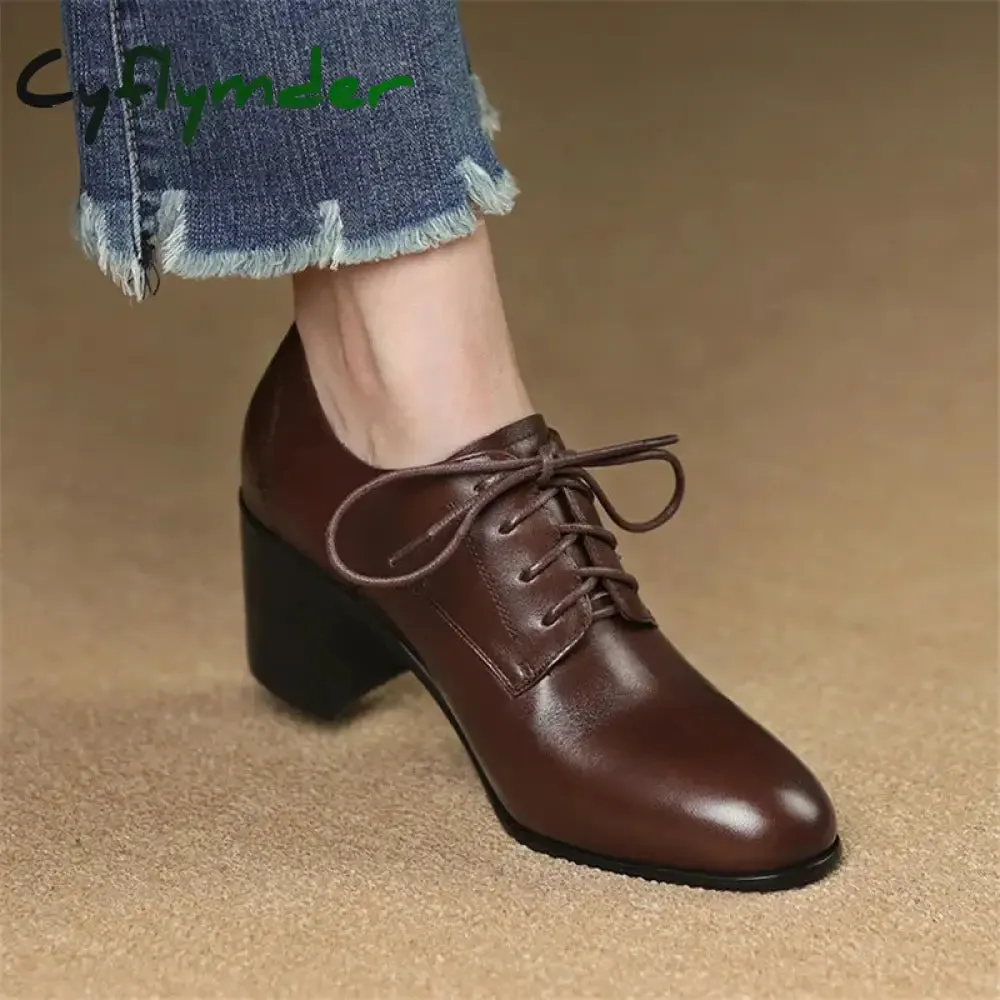 Cyflymder New Spring Genuine Leather Women Shoes Round Toe Women Pumps Shoes for Women High Heel Chunky Heel Shoes Zapatos Mujer Loafers Penelope Chilvers Loafers