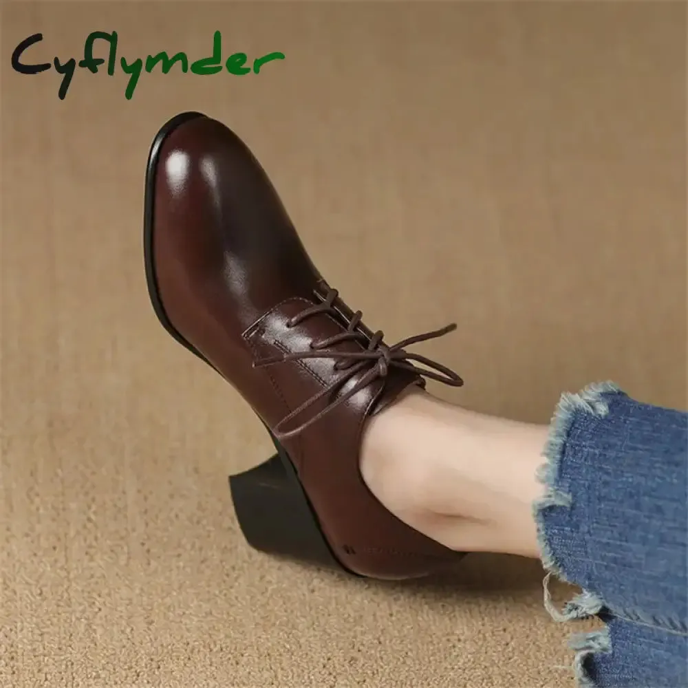 Cyflymder New Spring Genuine Leather Women Shoes Round Toe Women Pumps Shoes for Women High Heel Chunky Heel Shoes Zapatos Mujer Loafers Loafers Size