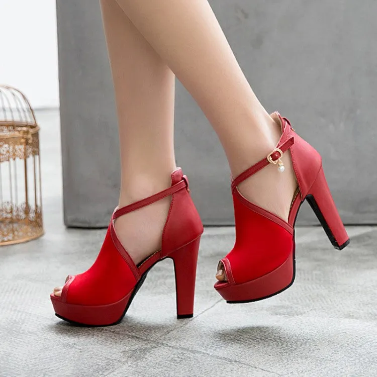 Women's Peep Toe Cutout Ankle Strap Chunky Heel Platform Sandals Sandals Grande St Lucian Photos