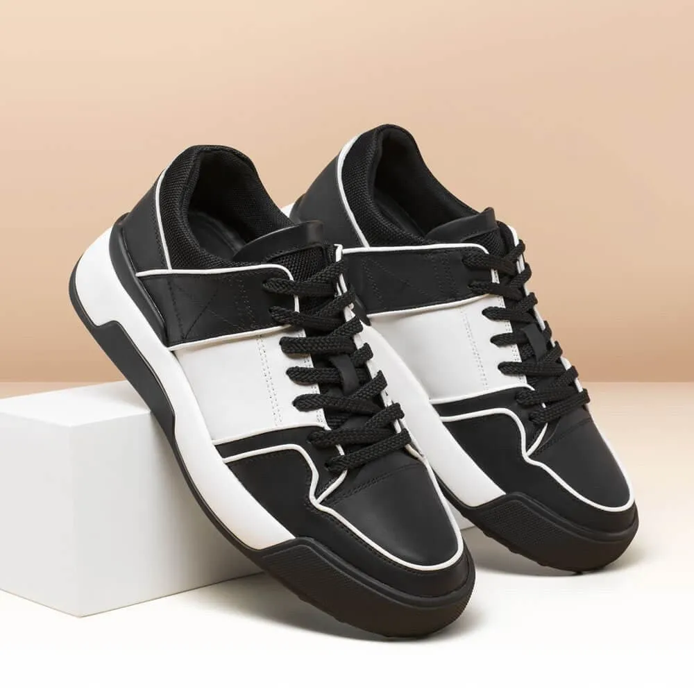 7CM / 2.76 Inches CMR CHAMARIPA Black Leather Sneakers - Boost Your Height with 2.76 Inches - Stylish Casual Elevator Shoes for Men Lacing Up Sneakers